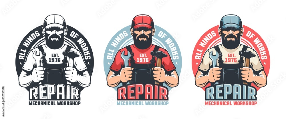 Repair man worker vintage logo. Mechanic workshop retro emblem. DIY man in old school badge. Vector illustration. - obrazy, fototapety, plakaty 