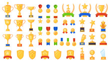 Awards Flat. Different Sport Trophy, Golden Cups Medals And Laurel Wreaths And Prizes, Winners Star Symbols Design Vector Icons