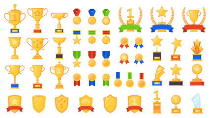 Wall Mural - awards flat. different sport trophy, golden cups medals and laurel wreaths and prizes, winners star 