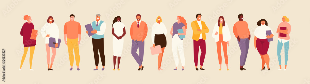 Group standing office of people of different nationalities and ages. Multiethnic company vector illustration - obrazy, fototapety, plakaty 