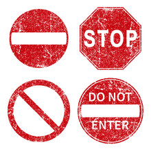 STOP No Entry Road Sign Icon Shape Set. Traffic Prohibition Logo Symbol. Vector Illustration Image. Isolated On White Background. Not Allowed Direction Sign. No Trespassing. Do Not Enter. Grunge Stamp