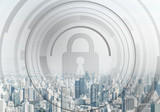 Fototapeta  - Cybersecurity mixed media with virtual padlock
