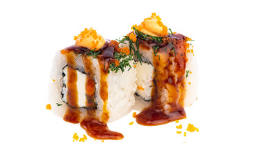 sushi and rolls with different toppings in two pieces close-up on a white background