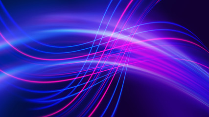 Poster - Dark blue abstract background with ultraviolet neon glow, blurry light lines, waves