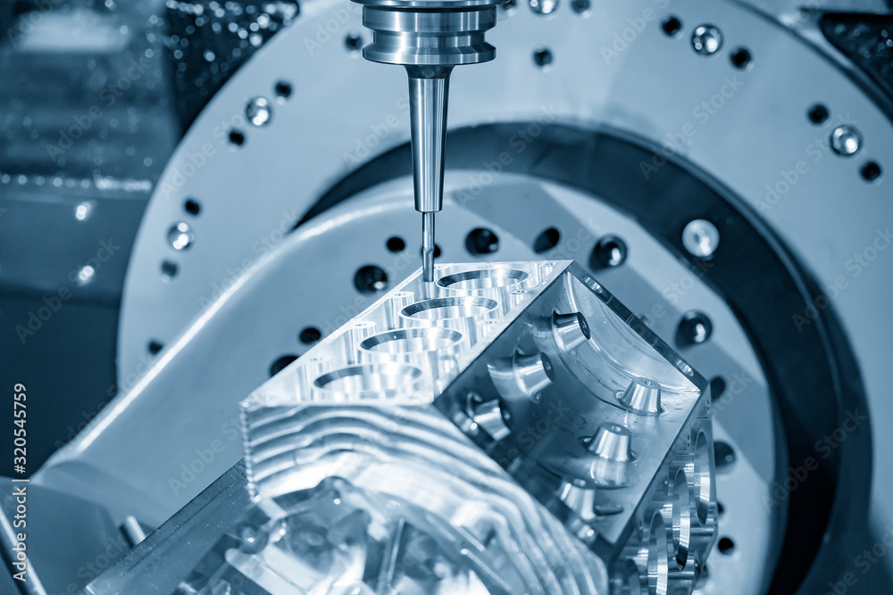 Milling Machine Making Engine The 5-axis CNC milling machine cutting the aluminium V8 engine block by ...