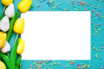 Wall Mural - greeting card with flowers and heart. background with copy space. selective focus. top view.
