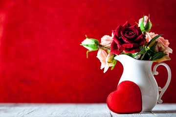 Wall Mural - greeting card with flowers and heart. background with copy space. selective focus.