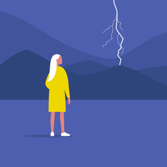 thunderstorm, weather and nature. young female character looking at the lightning, flat vector illus