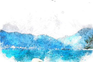 Abstract Colorful mountain peak and soft wave sea water on watercolor illustration painting background...................