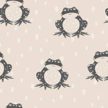 Vector Frogs On Spots In Beige Seamless Pattern Background.