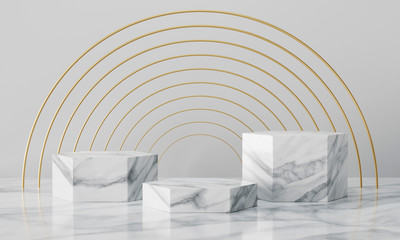 Wall Mural - White geometric marble podium with bright background. Product presentation. 3d rendering - illustration.