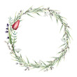 Watercolor floral wreath with tulip and lavender. Hand painted holiday flowers, willow, bud, grass and leaves isolated on white background. Spring illustration for design, print, fabric or background.