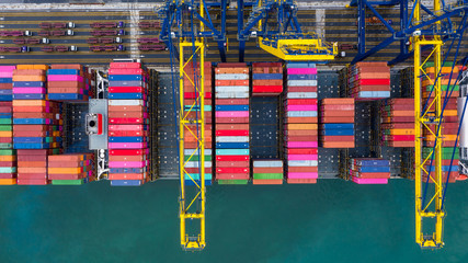 Wall Mural - Container Cargo freight ship with working crane loading bridge, Container ship loading and unloading in deep sea port, Aerial view of business logistic import and export freight transportation.