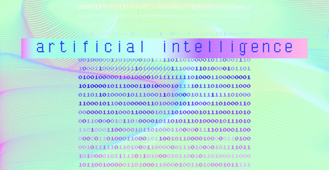 Poster - Glitched screen with binary code and wavy grid. Concept illustration for Artificial Intelligence, Big Data and Machine Learning technologies.