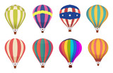 Fototapeta  - Hot air balloon. Colored aircraft transport with basket sky airing flight vector collection. Sky basket air, hot balloon, aircraft flight transport illustration