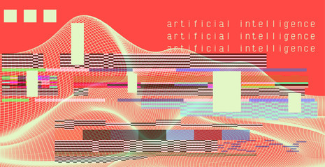 Aufkleber - Glitched screen with binary code and wavy grid. Concept illustration for Artificial Intelligence, Big Data and Machine Learning technologies.