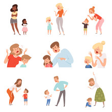 Sad Parents. Angry Dad Punish Son Scared Kids Expression Reaction Crying Childrens Vector Pictures. Illustration Parent And Kid, Child Discipline, Problem Conflict