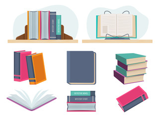 Wall Mural - books. closed opened library old books pages of magazine vector cartoon collection set. illustration