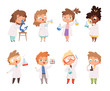 © ONYXprj - Science kids. Childrens in chemistry lab boys and little girls vector funny people. Lab science, chemistry kids in laboratory education experiment illustration
