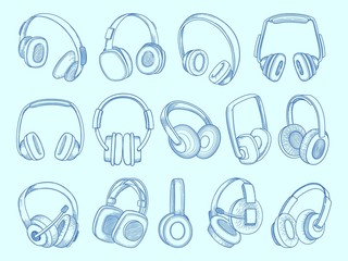 Poster - Headphones. Wireless technology communication equipment music acoustic headphones vector sketch set. Music and audio, earphone equipment, device communication portable illustration