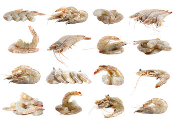 Set of fresh raw shrimps on white background