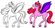 © LindaSQ - Vector isolated pony. Coloring of pony. Colored pink cartoon horse. Coloring and colorful pony