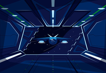 Wall Mural - a space shuttle waiting to land in the hangar of another spacecraft, view of the shuttle from the ha