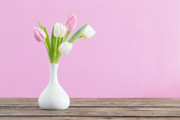 Wall Mural - tulips in white vase on pink background