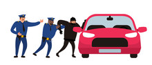 Two Policemen Arrest A Car Thief Vector Illustration