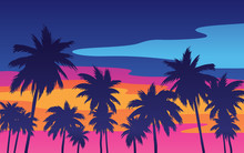 Evening On The Beach With Palm Trees. An Evening On The Beach With Palm Trees. Colorful Picture For Rest. Blue Palm Trees At Sunset. Orange Sunset In The Blue Sky. Palmeny Island. Summer Sunset Agains