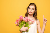 Fototapeta Tulipany - thoughtful young woman looking away while holding bouquet of pink tulips isolated on yellow