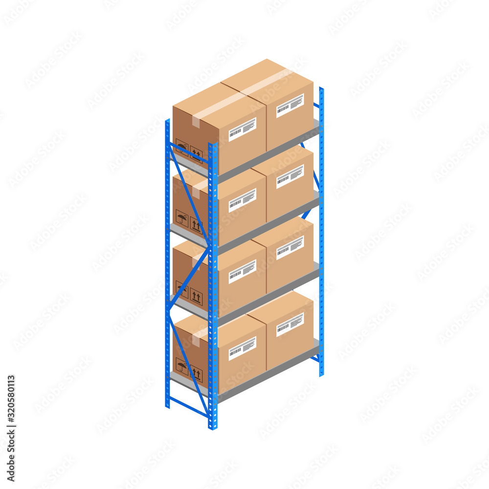 Isometric warehouse shelves with boxes isolated on white. 3d metallic ...