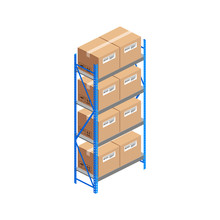 Isometric Warehouse Shelves With Boxes Isolated On White. 3d Metallic Rack. Storage Equipment Vector Illustration. Logistic And Delivery Service Element For Web, Design, Infographics, Apps