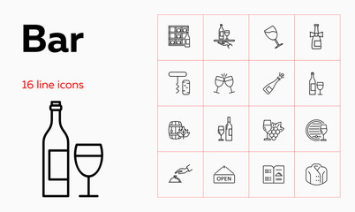 Poster - Bar line icon set. Waiter, menu, wine. Alcohol concept. Can be used for topics like pub, party, restaurant, catering