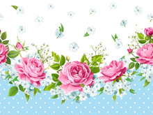 Vintage Floral Seamless Border With Flowers Of Pink Roses, Light Phloxes, Tender White Gypsophila, Buds, Greenery On A Blue Background In Polka Dots. Vector Illustration