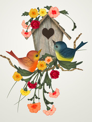 Poster - illustration of bird house in spring