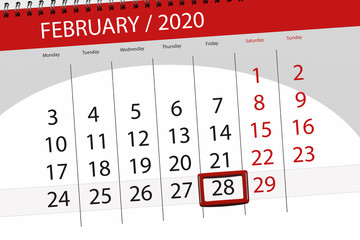 Calendar planner for the month february 2020, deadline day, 28, friday