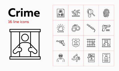 Poster - Crime line icon set. Prisoner, robber, gun. Law concept. Can be used for topics like justice, punishment, murder, investigation