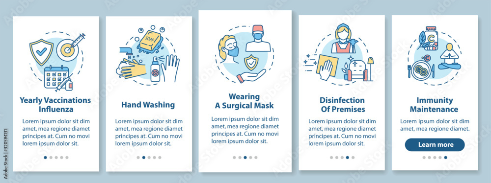 Flu prevention onboarding mobile app page screen with concepts. Hygiene, immunization. Influenza treatment walkthrough 5 steps graphic instructions. UI vector template with RGB color illustrations - obrazy, fototapety, plakaty 