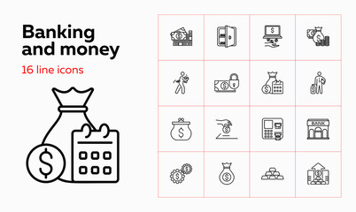 Poster - Banking and money icons. Set of line icons on white background. Bank, banknote, purse. Banking and money saving concept. Vector illustration can be used for topics like banking, economy, investment