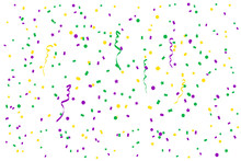Bright Abstract Dot Mardi Gras Pattern On White Background. Vector Illustration For Holiday Design. Carnival Festival Colorful Bead Backdrop, Border, Frame. Light Yellow, Green, Purple Color Confetti.