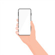 © Roman - Smartphone mockup in human hand. Hand holding black smartphone and finger touch on blank white screen. Flat vector illustration.