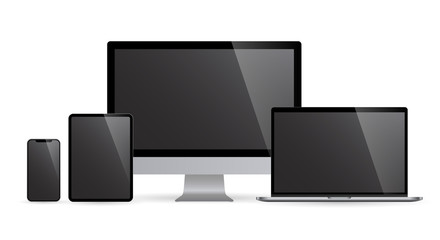 Poster - Realistic set of computer monitors desktop laptop tablet and phone black screen V2. Illustration vector illustrator Ai EPS.
