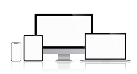 Poster - Realistic set of computer monitors desktop laptop tablet and phone reflect with white screen V2. Illustration vector illustrator Ai EPS	