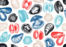 Hand Drawn Edible Marine Mollusks Seamless Pattern. Vector Package, Banner, Flyer, Menu, Recipes Design With Realistic Seafood Elements. Cooked Clams, Oysters, Cockles, Mussels Top View Background.