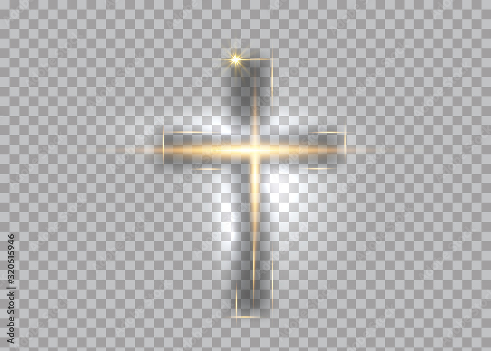cross of light, shiny Cross with golden frame symbol of christianity. Symbol of hope and faith. Vector illustration isolated on transparent background - obrazy, fototapety, plakaty 