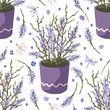 © trihubova - Provence seamless vector vintage pattern in a flat style. Lavender blossom flower summer art. Bouquet, basket, vase ornament with butterfly on a white background.