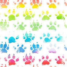 Animal Footprint Seamless Pattern With Watercolor Rainbow Paws.