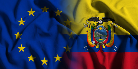 National flag of Ecuador with European Union (EU) flag on a waving cotton texture background