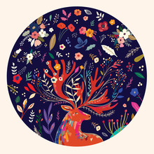 Beautiful Creative Pattern With Flowers, Leaves And Deer